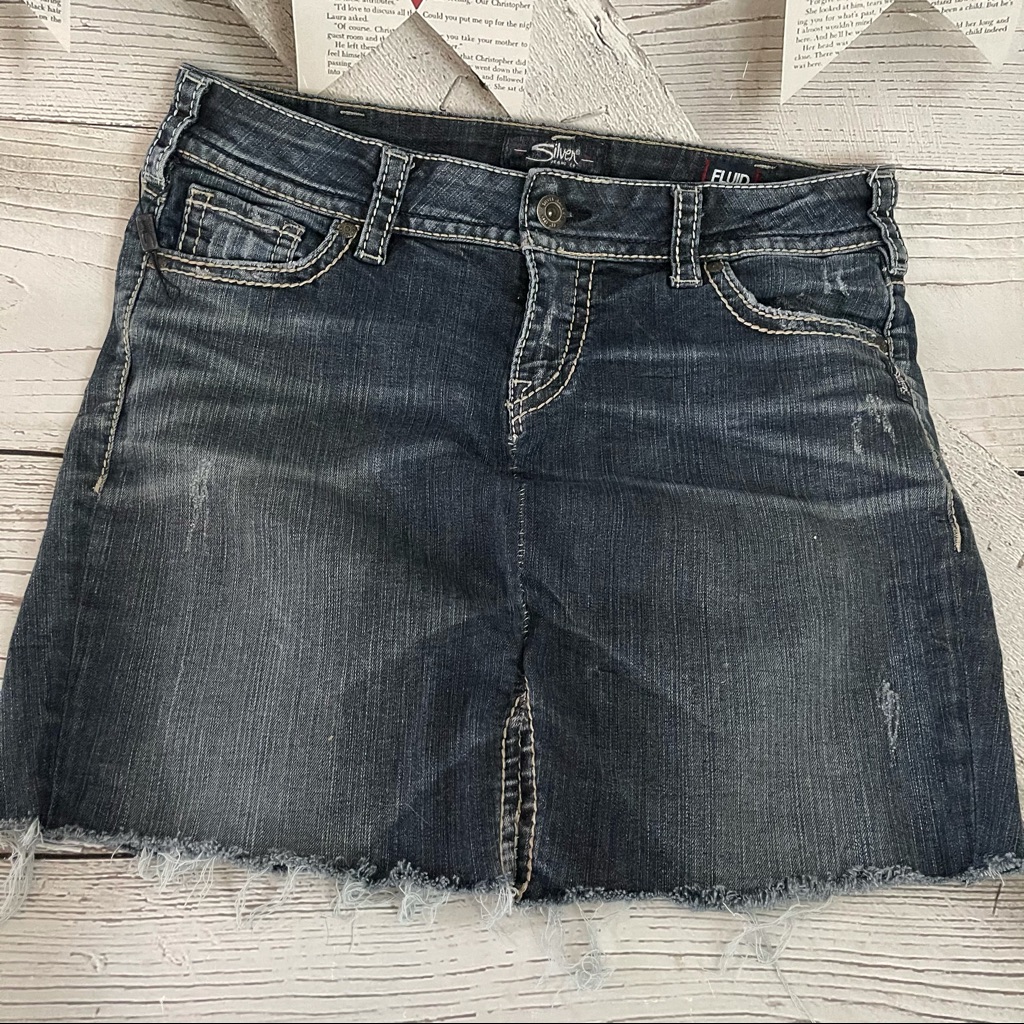 Size 31 Silver Mid Straight Jeans Cut To A Skirt.